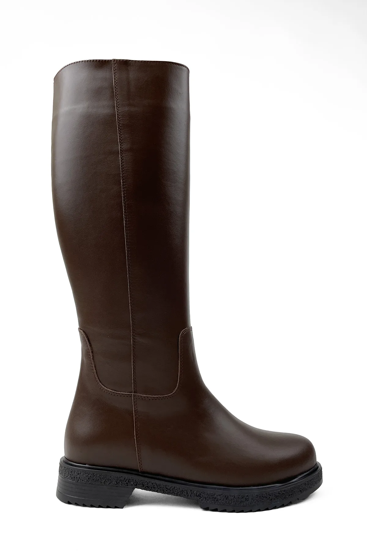 Siyah Kadın Hakiki Deri Diz Altı Spor Çizme Kahverengi