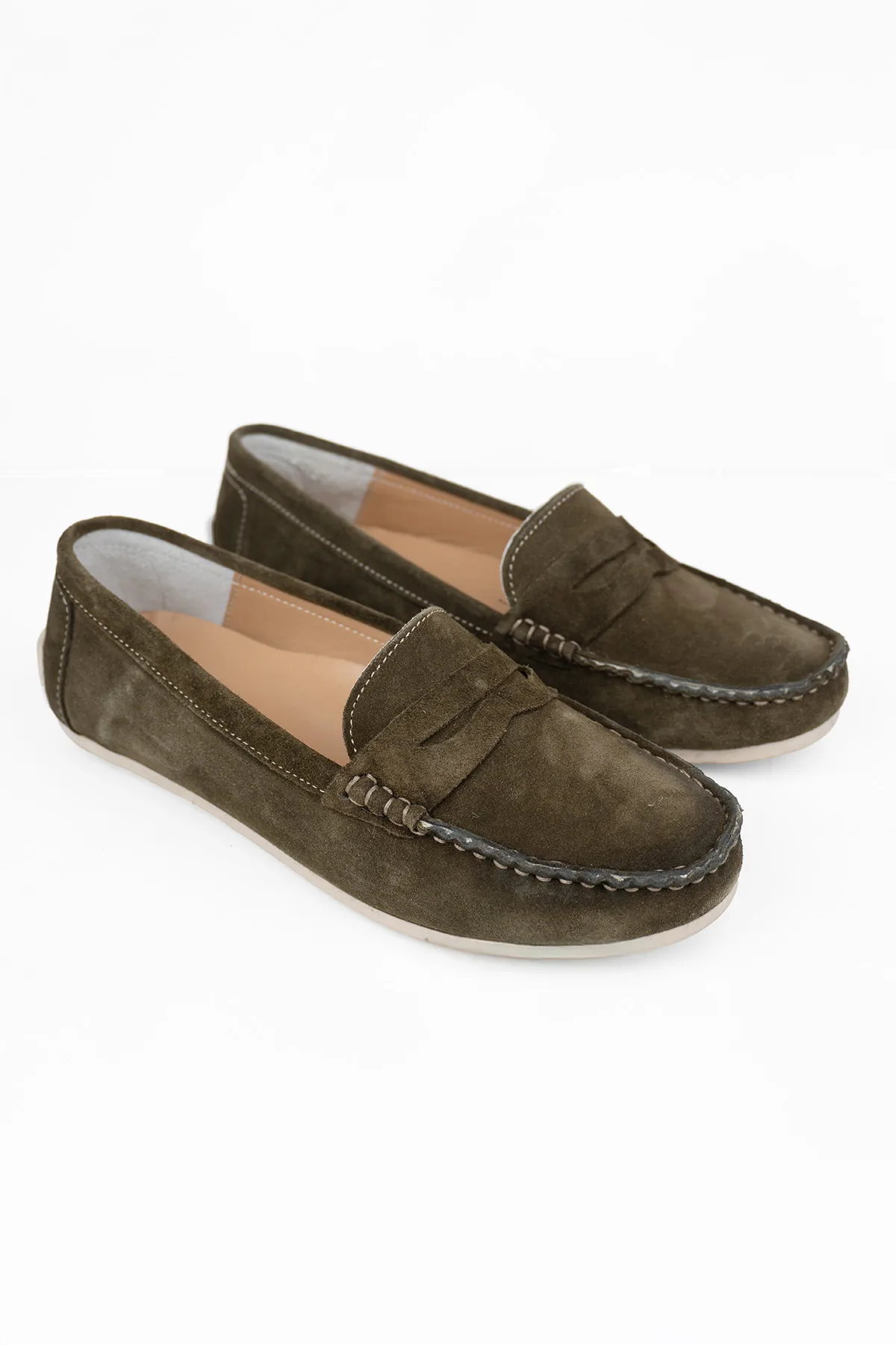 Kadın Hakiki Süet Deri Loafer – Ortopedik Taban Günlük Comfort Yeşil Süet