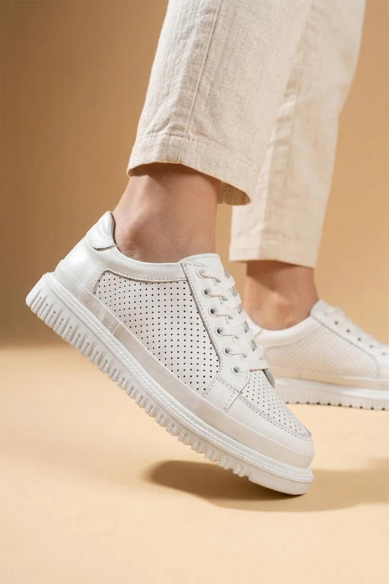 Beyaz Kadın Hakiki Deri Günlük Rahat Casual Sneaker Spor Ayakkabı Beyaz