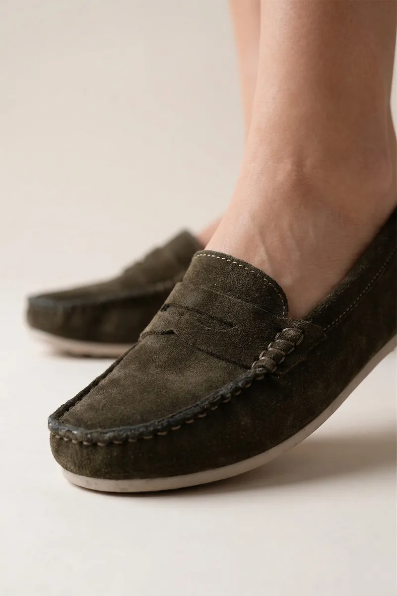 Kadın Hakiki Süet Deri Loafer – Ortopedik Taban Günlük Comfort Yeşil Süet