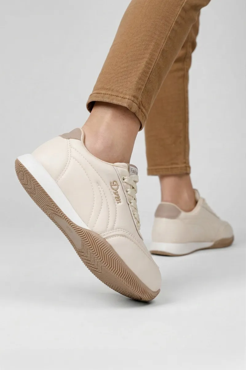Beyaz Kadın Ortopedik Spor Ayakkabı Yumuşak Taban Günlük Rahat Sneaker Bej